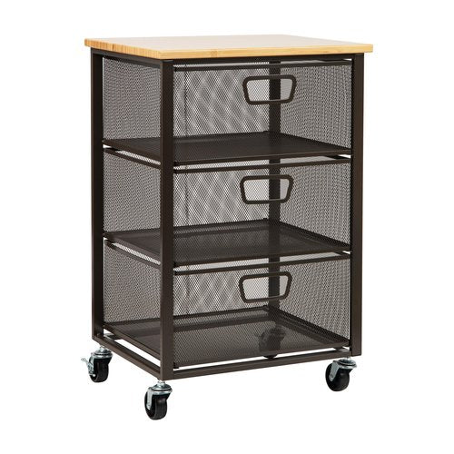 Mind Reader 3-Drawer Rolling Storage Cart, Office Organizer with Wood Top, Multipurpose Portable Cabinet with Wheels, Metal Mesh, Black