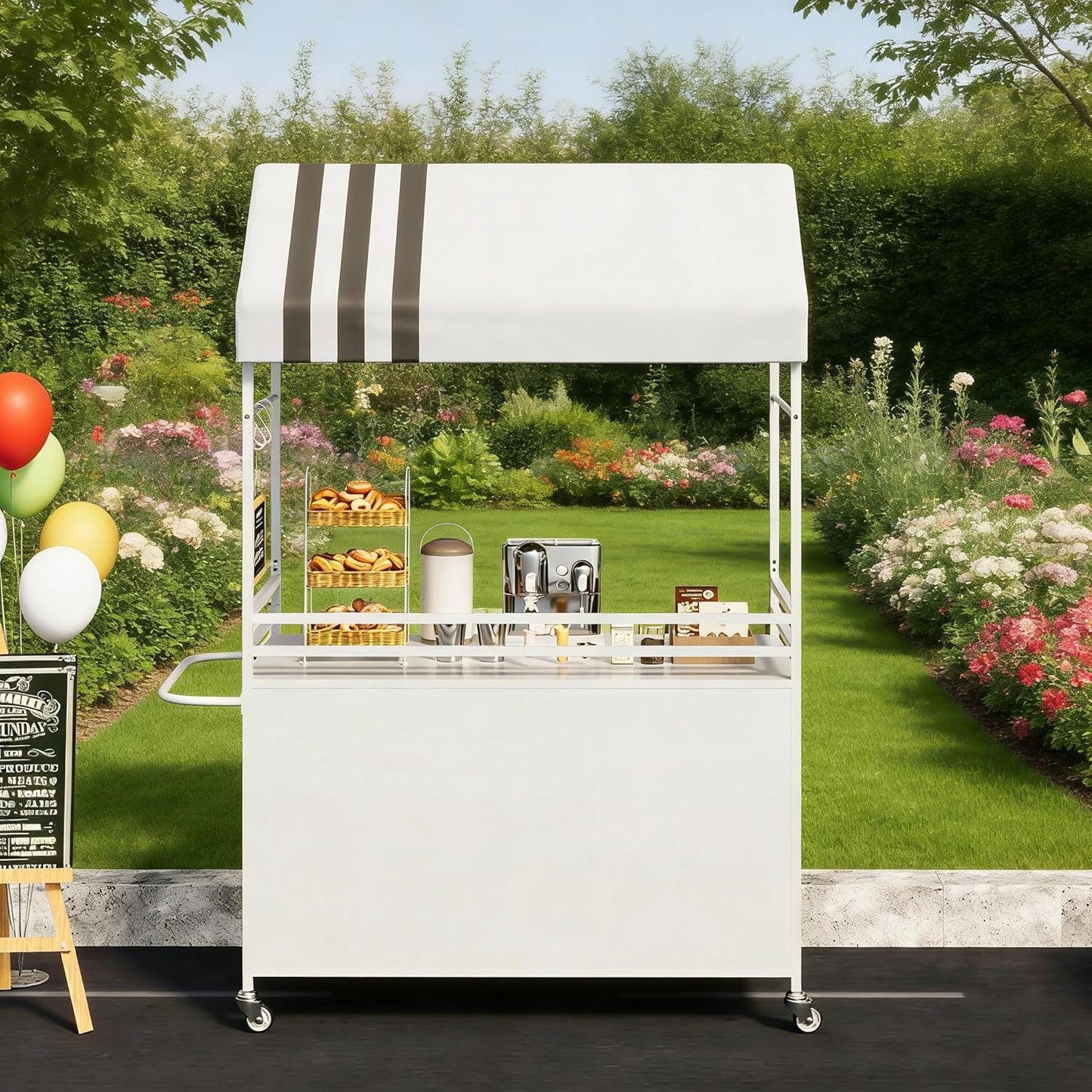 Skiennix Portable Vendor Cart - 75" Tall Outdoor Mobile Food Cart with Canopy & Wheels | White