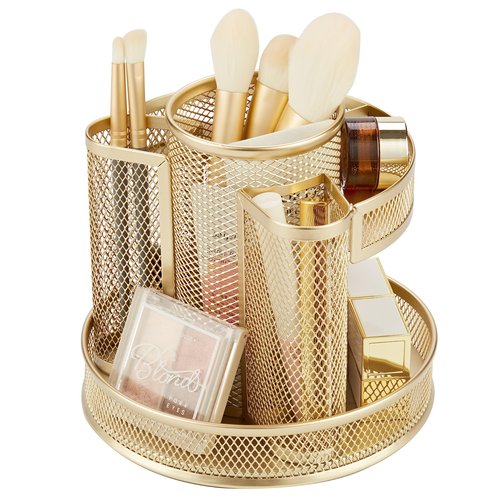 Annova Mesh Desk Organizer Rotate with 5 Compartments Round Spinning Tidy Candy/Pen Holder Desk Accessories Office, Art Supply, Storage, Classroom, Home (Gold)