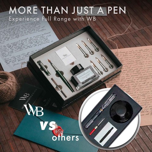 Wordsworth & Black Calligraphy Pen Gift Set, Includes Bottle, 6 Cartridges, Refill Converter, 6 Replacement Nibs, Premium Package, Journaling, Smooth Writing Pens [Green Chrome]