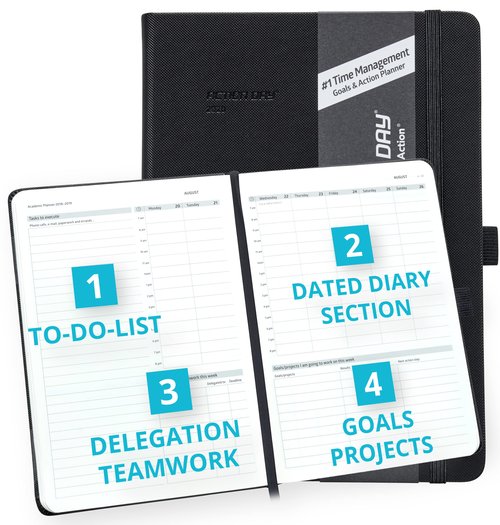 Action Day 2025 Weekly Planner - Effective Planning System & Increase Productivity, To-Do List, Goals, Projects, Dated Daily Diary - 8x11 Black