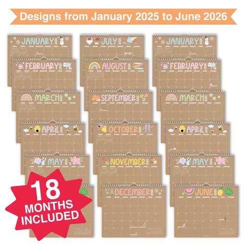 Hadley Designs Wall Calendar 2025-2026 – 18-Month Hanging Calendar 2025-2026 for Family, Home, School, & Office, Spiral Bound with Large Date Blocks & Notes Sections (Doodle Kraft)