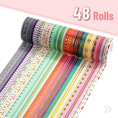 Mr. Pen Skinny Washi Tape Set - 48 Rolls of Gold Foil Print, 3mm Wide, Perfect for Scrapbooking & Crafts