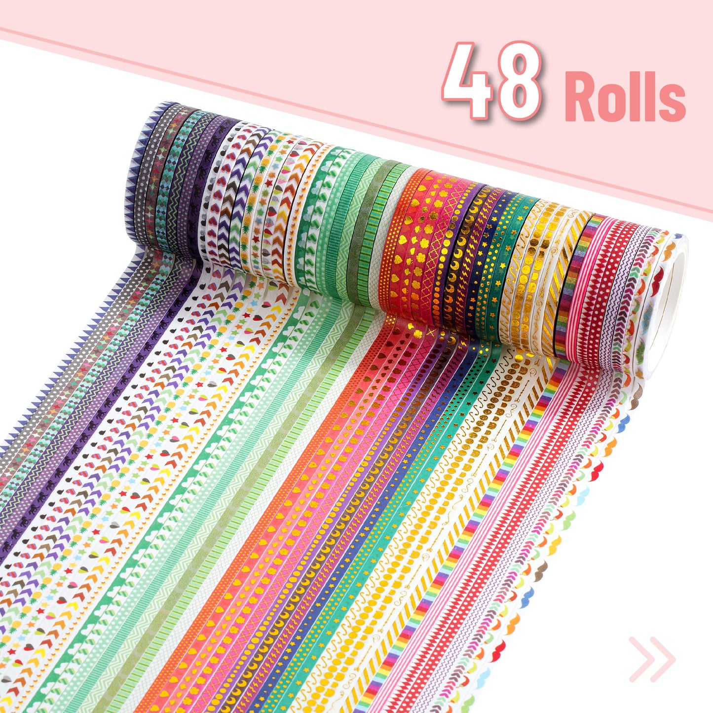 Mr. Pen- Skinny Washi Tape Set, 48 Rolls, Gold Foil Print, 3mm Wide, 5.5 Yards/Roll, Washi Tape for Scrapbook, Arts, Crafts, Journals and Planners