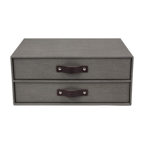 Bigso Birger 2-Drawer Canvas Fiberboard Easy Pull Handle Document Letter Box | Desktop Drawers for Loose Papers and Documents | Desktop Storage Drawers with Leather Handles | 13.1” x 10” x 5.7” | Grey