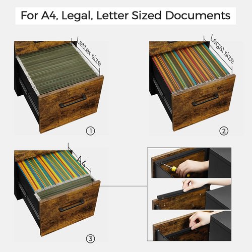 SONGMICS File Cabinet, Pre-Assembled Except Wheels and Handles, Office Filing Cabinet with Lock, for A4, Legal, Letter Sized Documents, 17.7 x 14.4 x 23.6 Inches, Rustic Brown and Black UOFC110B01V1