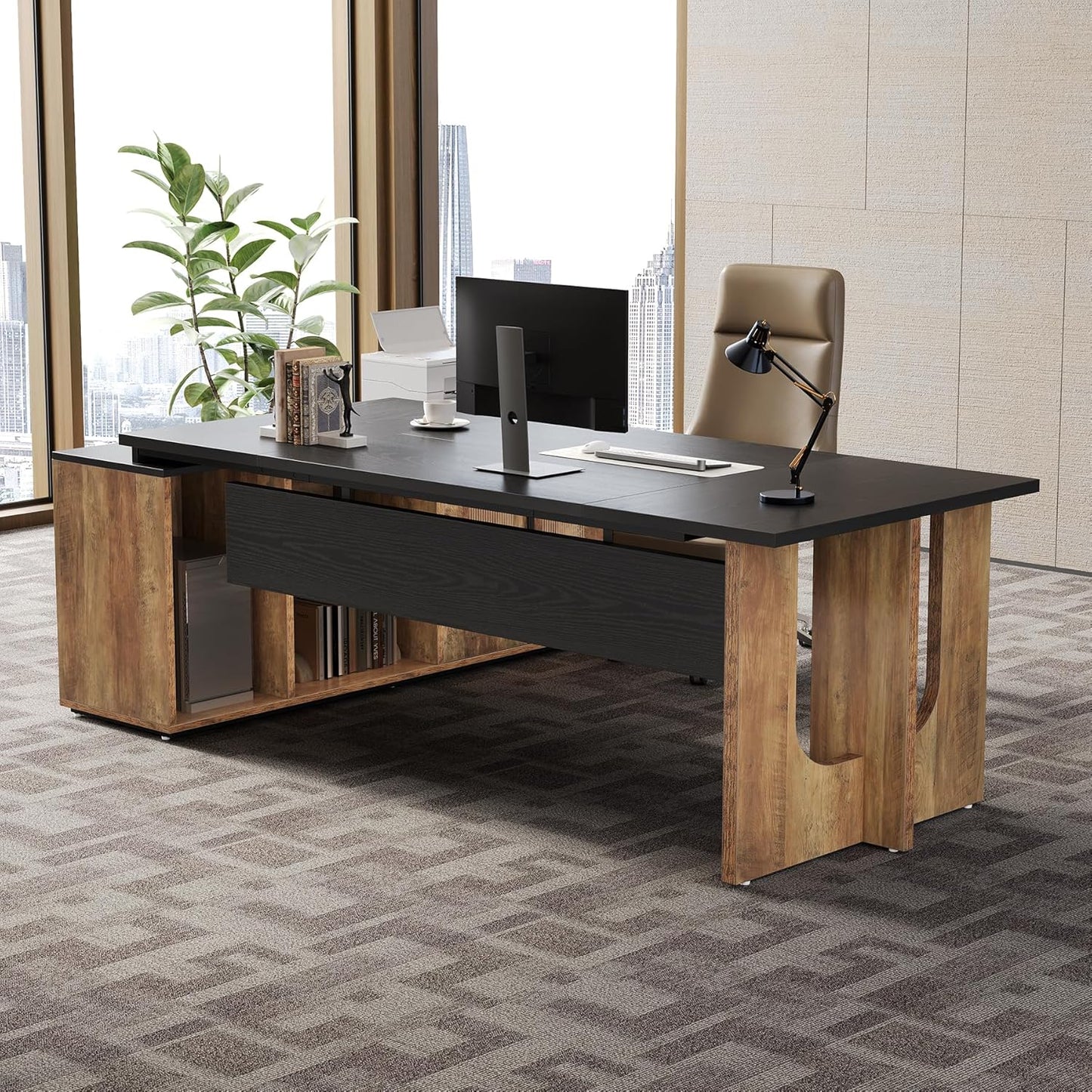 LITTLE TREE 74-Inch Executive L-Shaped Desk with Storage Cabinet & Shelves, Large Home Office Computer Desk, Modern Business Workstation for Professionals (Brown & Black)