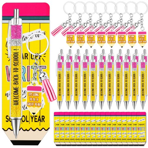 Zenoble 24 Set Back to School Student Gifts Bulk Ballpoint Pens Keychains and Greeting Cards Set First Day of School Gifts for Teacher Classroom Rewards Party Favors