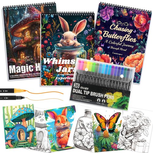 3Pcs Adult Coloring Book for Women Relaxation, Spiral Bound Adult Coloring Books for Women with 36 Coloring Markers, 36 Dual Tip Colors Markers Spiral Coloring Book with 72 Patterns, Mindfulness Gifts