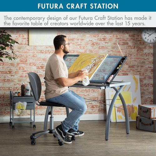 SD STUDIO DESIGNS Futura Crafting, Drafting, Drawing Table with Adjustable Top, Silver/Blue Glass