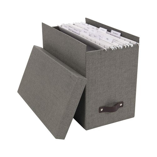 Bigso John Desktop File Box - Storage Solution and Document Organizer for Important Paperwork - Durable Hanging File Box with a Lid and Leather Handle - 7.4 in x 13 in x 10.4 in - Grey