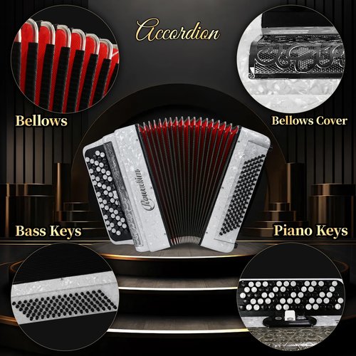 Accordion - 69 Key 96 Bass Professional Model with Strap | Premium Performance Instrument for Teachers, Musicians & Serious Enthusiasts (White)