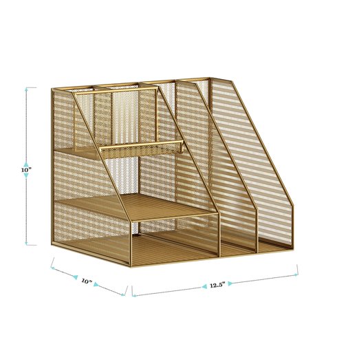 Martha Stewart Ryder Gold Mesh Metal Large Desktop Organizer with Magazine File Holder, Pen Holder, and Storage