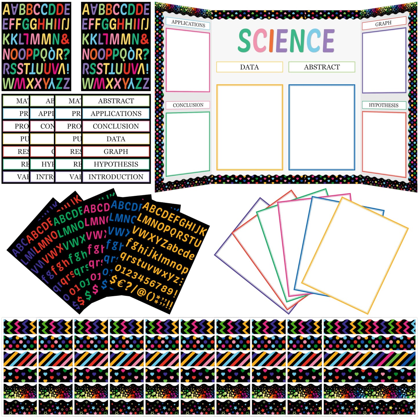 WATINC Science Fair Board Supplies, 96Pcs Self Adhesive Science Fair Project Set with 8 Letter Sticker 10 Presentation Subtitles, Bulletin Border Poster Decor for Classroom (Black)