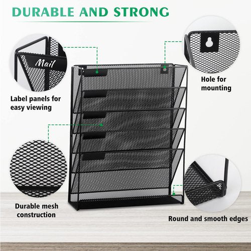 EASEPRES Desk File Organizer Mesh 6-Tier, Hanging Wall Mount Document Organization Stand, Desktop Vertical Mail Paper Folder Holder Rack with Bottom Tray for Office Home Cubicle Countertop, Black