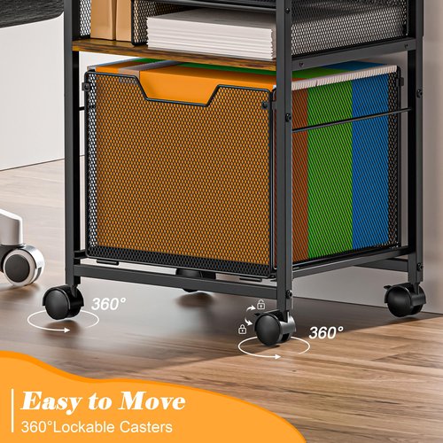 5-Tier Rolling File Cart Under Desk with Drawers, File Cabinet Organizer for Hanging File Folders, Letter-Size File Storage with Wheels, Multi-Layer Mobile Filing Cabinet for Under Desk Storage