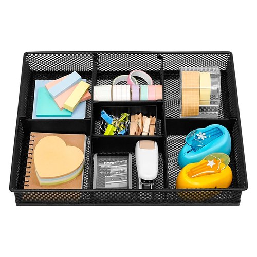 CAXXA Mesh 3 Slot Desk Drawer Organizer with Four Adjustable Dividers - Black