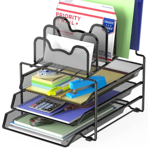 Simple Houseware Desk Organizer with 3 Sliding Tray and 5 Stacking Sections, Black
