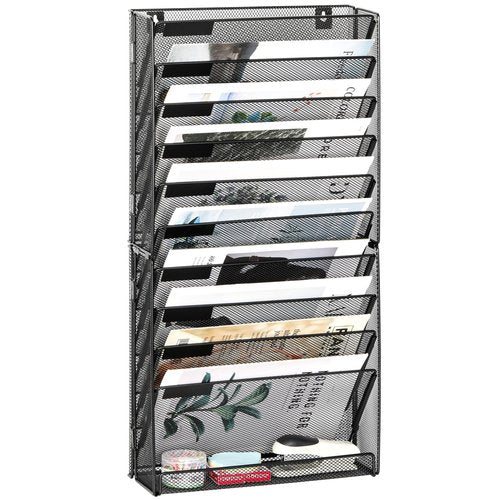 EasyPAG 11 Tier Wall File Holder with Flat Tray, Black | Easy Assemble Mesh Desk File Organizer | 10-Folder Paper Storage | Replaceable Classify Labels | Space Saving Mail Organizer for Office Home