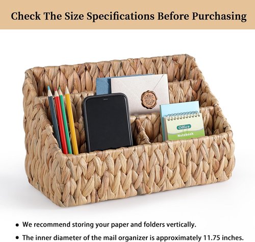 DINGTAI Natural Desk Organizer - Large Water Hyacinth Mail Holder & Tabletop Storage Solution