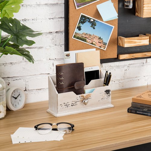 MyGift Whitewashed Wood Office Desktop Letter Mail Sorter, Decorative 2 Compartment Desk Stationery Organizer with Metal Heart Ornament