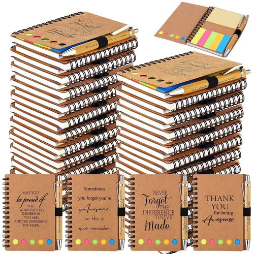 Czlotyh 20 Sets Employee Appreciation Gifts Spiral Notebooks with Sticky Notes Notepads Thank You Journals Inspirational Bamboo Ballpoint Pens Bulk for Nurse Teacher Coworker