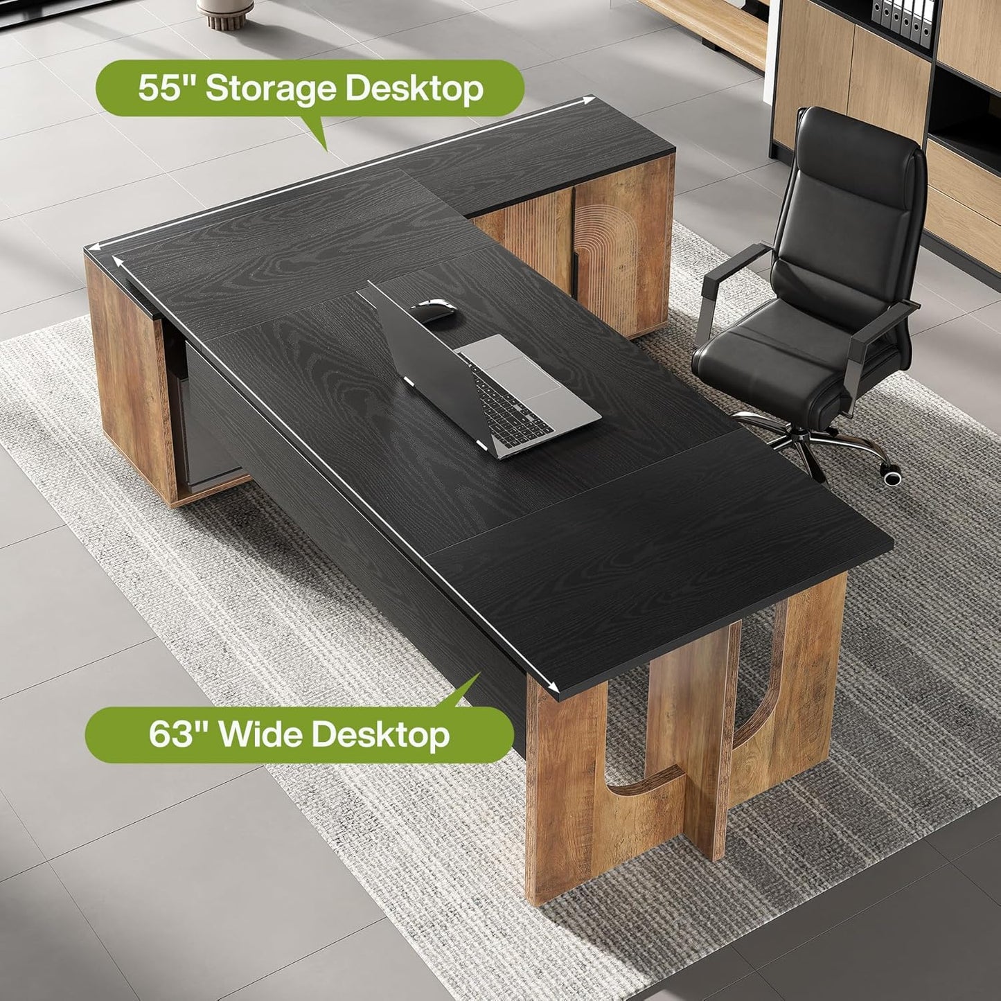 LITTLE TREE 74-Inch Executive L-Shaped Desk with Storage Cabinet & Shelves, Large Home Office Computer Desk, Modern Business Workstation for Professionals (Brown & Black)