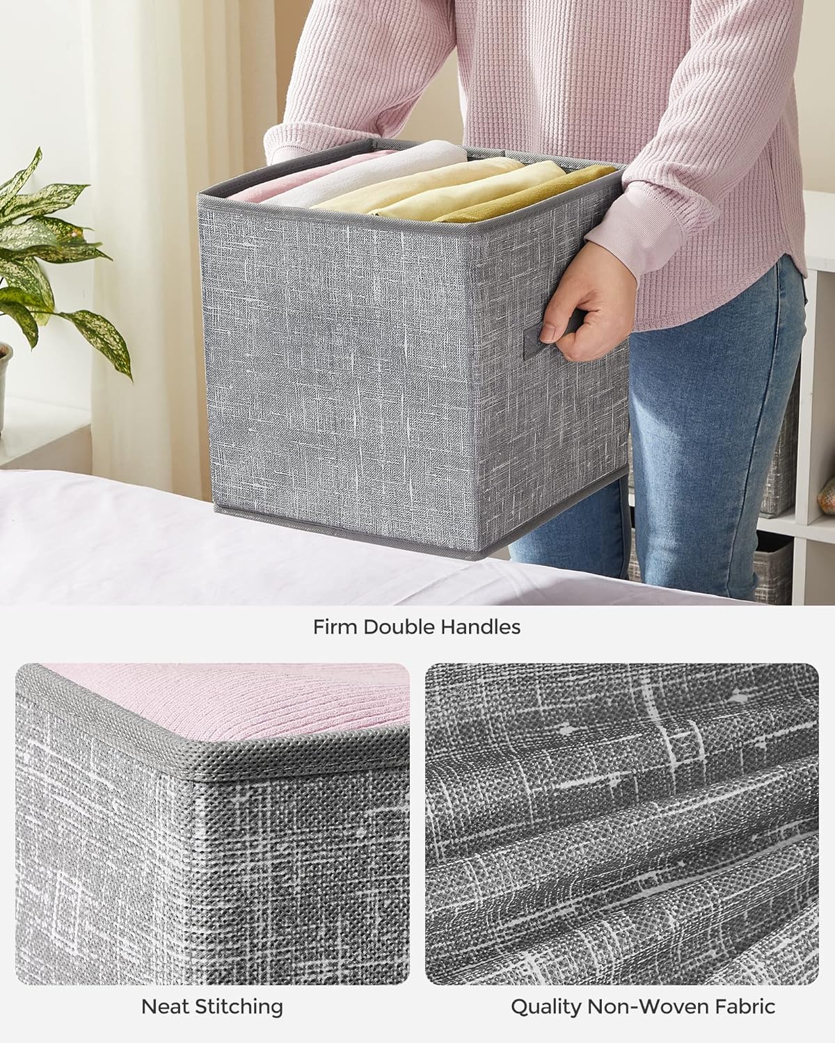 SONGMICS Storage Cubes - 11-Inch Non-Woven Fabric Bins with Double Handles - Set of 6 in Cattail Gray for Closet Organization