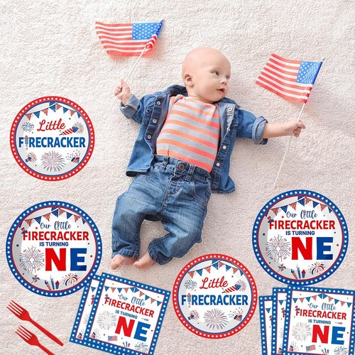 Little Firecracker 96-Piece First Birthday Party Tableware Set - Plates & Napkins for 24 Guests | 4th of July Independence Day Decorations
