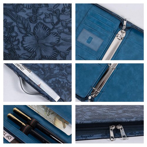 Embossed Padfolio Portfolio PU Leather Binder,3 Ring Binder,with Pad Holder, A4/Letter Size,Phone Pocket, Card Slots and Pen Loops（Dark Blue）