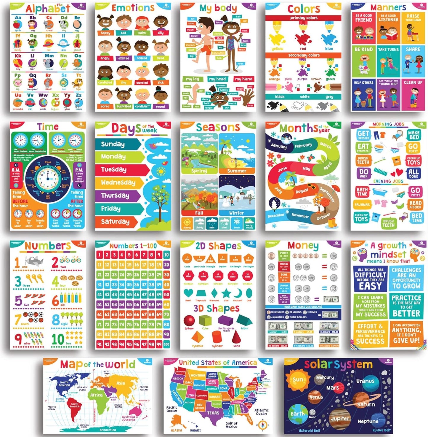 Sproutbrite 18 Educational Poster Bundle for Toddlers - Colorful 12"x16" Charts for Preschool & Homeschool Learning