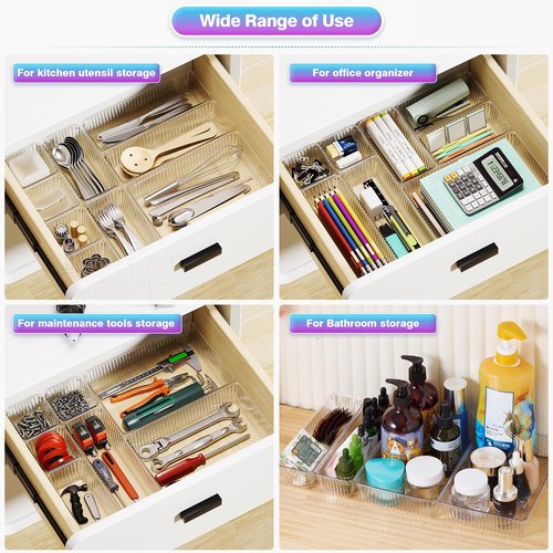 25 PCS Clear Plastic Drawer Organizer Set - 4 Sizes Makeup Organizer Desk Drawer Divider Bathroom Organizers and Storage Bins for Makeup, Jewelry, Gadgets, Office, Kitchen, Bedroom, Bathroom