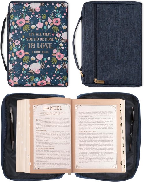 Christian Art Gifts Bible Cover - All That You Do 1 Corinthians 16:14 | Navy Floral Canvas, Medium