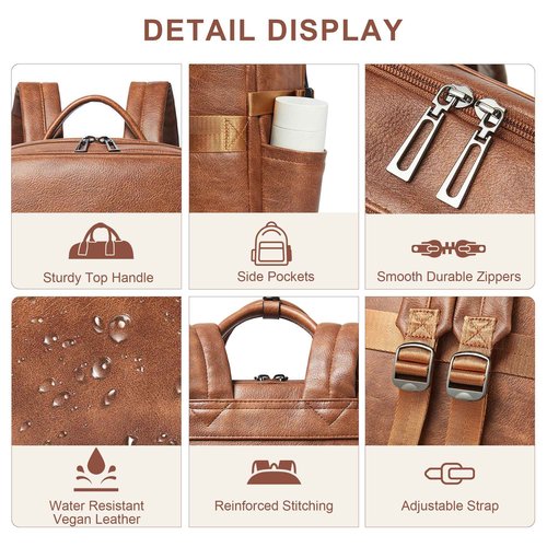 Shrrie Laptop Backpack for Women,Vegan Leather Backpack Work Computer Backpacks fits 16" Laptop,Water Resistant Teacher Nurse Casual Daypack for Weekender Camping Travel,Two-toned Brown