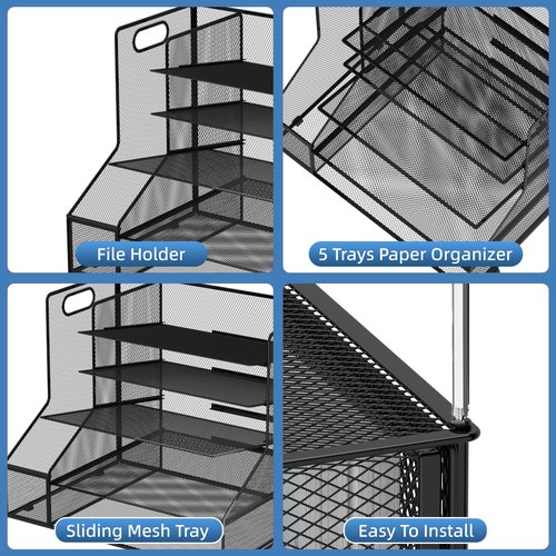 SUPEASY Desk Organizer with File Holder, 5-Tier Mesh Paper Letter Tray Organizer, Desktop Organizer and Storage with 3 Slot Document File Sorter for Office Supplies, Black