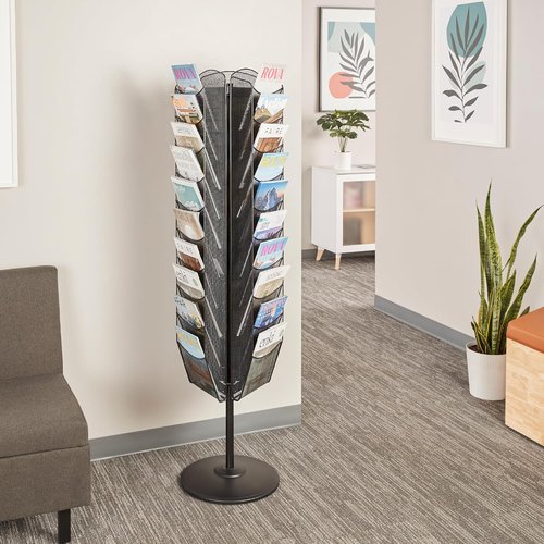 Safco Onyx Magazine Holder - Rotating Mesh Display Rack with 30 Pockets, Black Steel Construction
