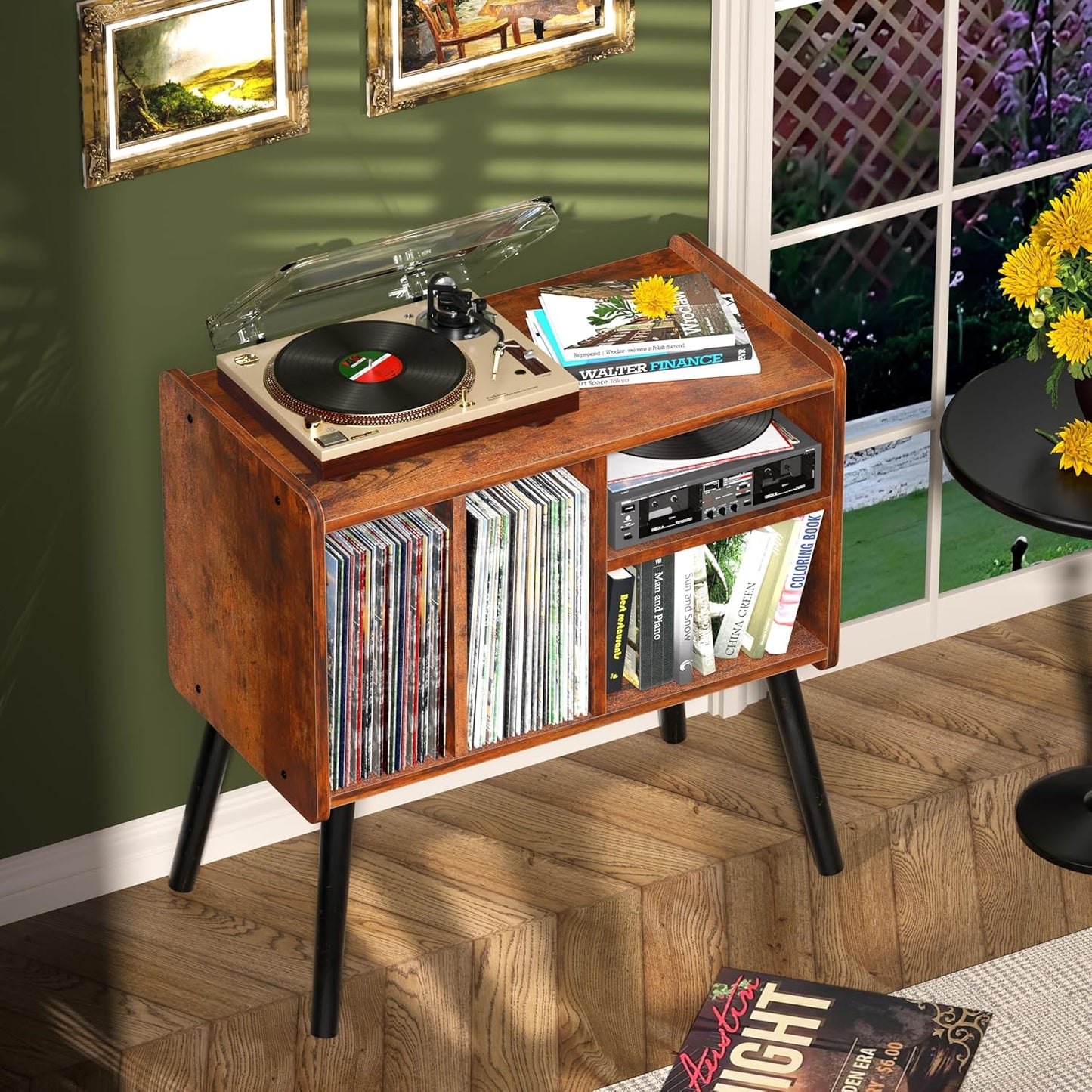 Skiennix Mid-Century Record Player Stand - Vinyl Storage for 150+ Albums | Adjustable Shelves, Brown