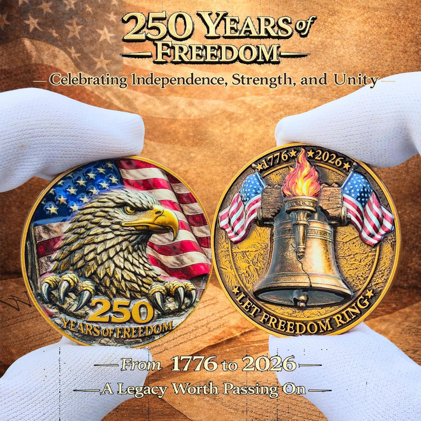 250th Anniversary USA Commemorative Coin Set - Patriotic Eagle & Liberty Bell Coins in Wooden Gift Box | 1776–2026 Collector’s Edition