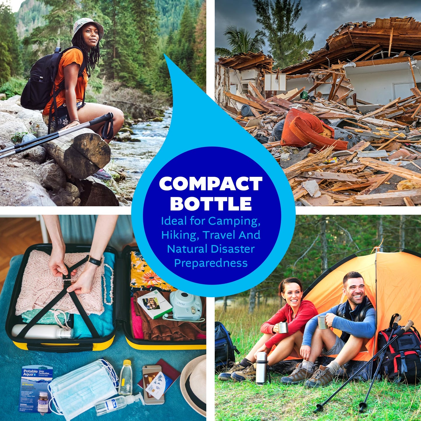 Potable Aqua Water Purification Tablets, Portable and Effective Water Purification Solution for Camping, Hiking, Emergencies, Natural Disasters and International Travel, Two 50ct Bottles, Blue
