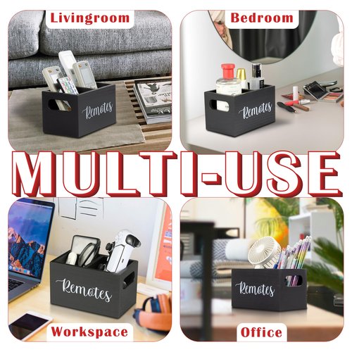 Black Wooden Remote Control Holder for Table, TV Remote Holder, 2 Compartments Ash Wood Remote Organizer Caddy with Handle, Wooden Remote Box for Nightstand,Living Room Office, Office Desk, Side Table