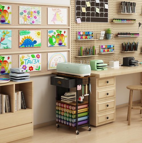 Lyuwanxian Craft Organizers and Storage Cart: Craft Room Cart for Organizing Cutting Accessories and Machine, Vinyl Roll Storage and Organization Holder, Heat Press Stand Table with Wheels