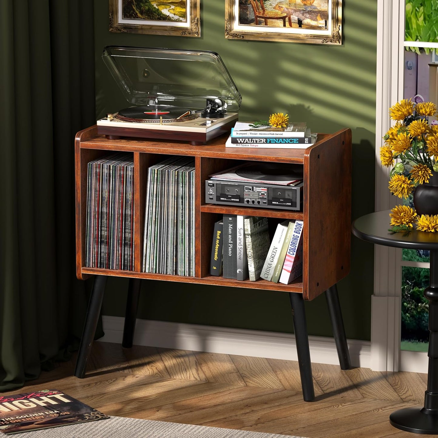 Skiennix Mid-Century Record Player Stand - Vinyl Storage for 150+ Albums | Adjustable Shelves, Brown