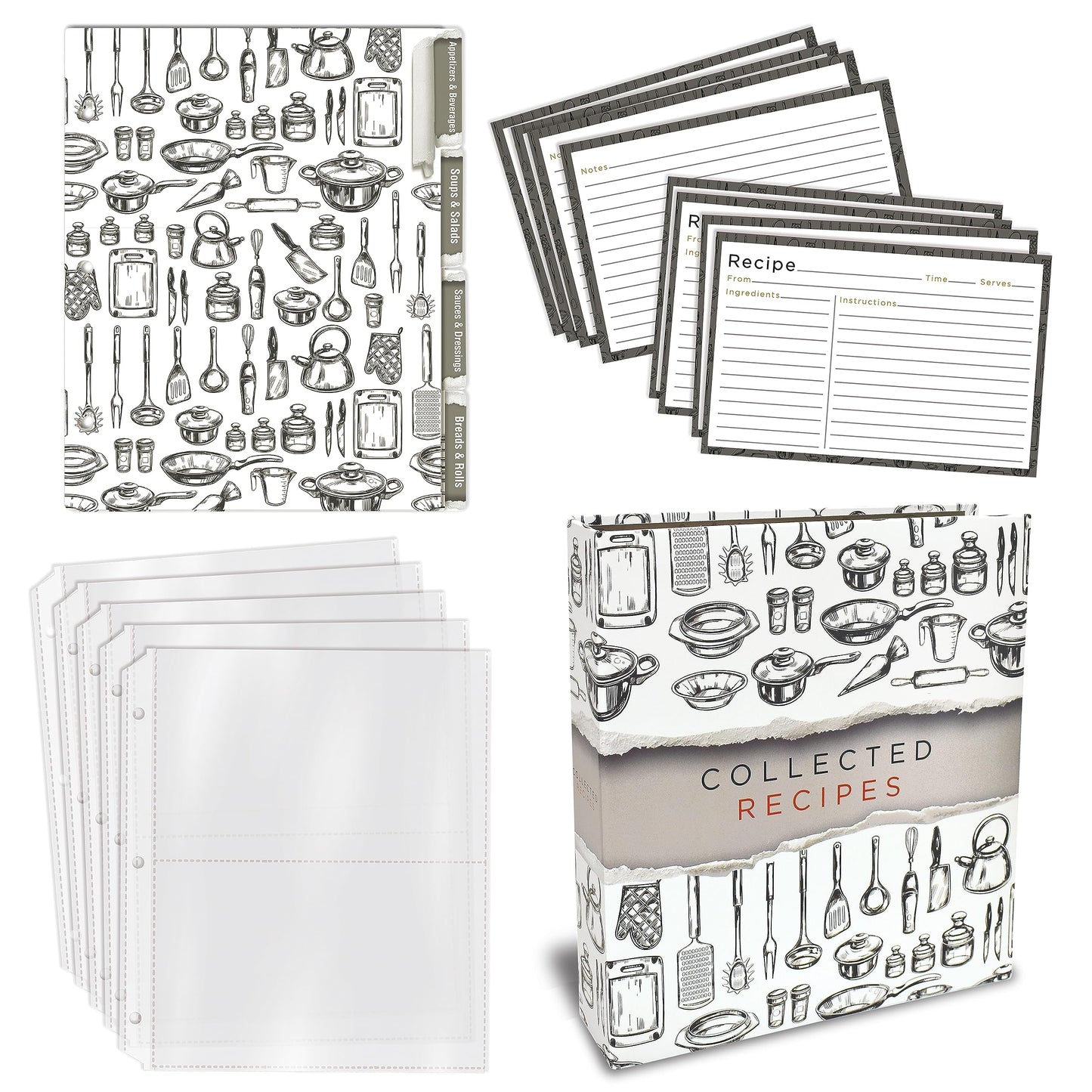Better Kitchen Products Recipe Binder, 8.5" x 9.5" 3 Ring Binder Organizer Set (with 50 Page Protectors, 100 4" x 6" Recipe Cards & 12 Category Divider Tabs) Sleek Kitchen Design