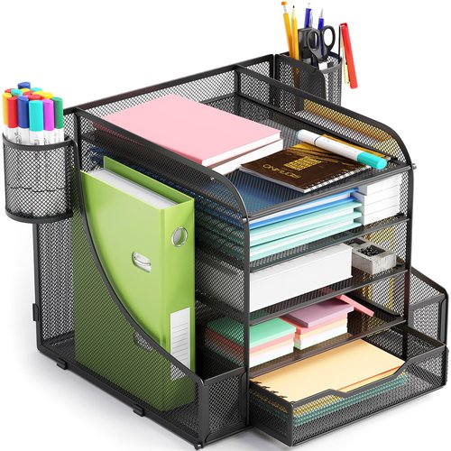 EVOOMI 5 Tier Mesh Desk Organizer PLUS - The Upgraded Time, Space & Sanity Saving Desktop Organizer System for Productivity Success - Ideal Pencil File Paperclip Post It Holder Mail Folder Organizer