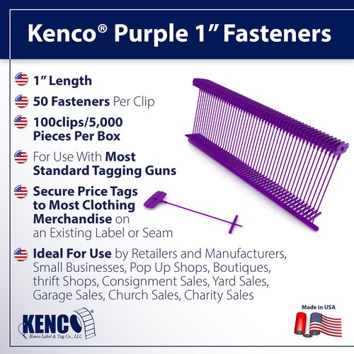 Kenco 1 Inch Standard Tagging Attachments, 1-in Fasteners for Tagging Retail, Consignment and Manufacturing - 5,000 Pieces Per Box 50 per Clip (1 Box 5,000 Fasteners, Purple)