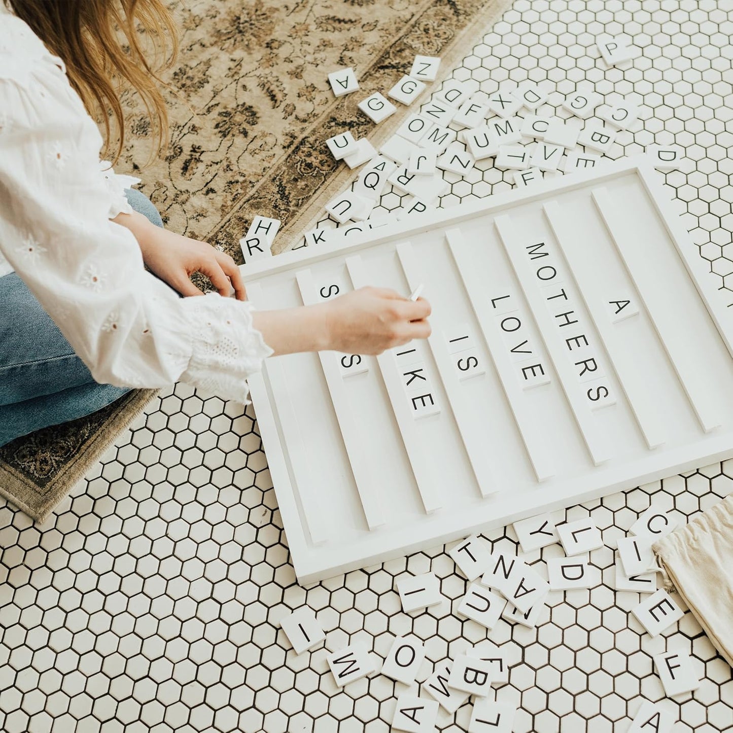 Stiles Tile Letter Board Sign Set - 23"x17" Wooden Message Board with 122 Changeable Letters & Numbers | White