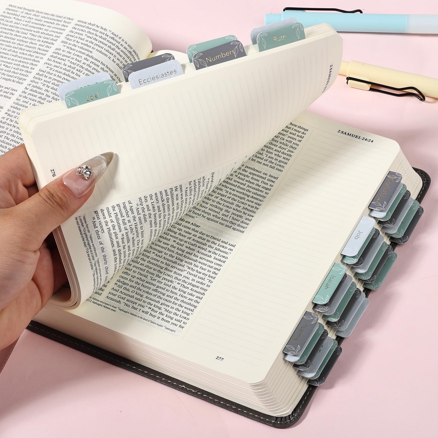 Mr. Pen- Bible Tabs, 75 Tabs, Forest Mist, Gold Foil Embossed Lettering