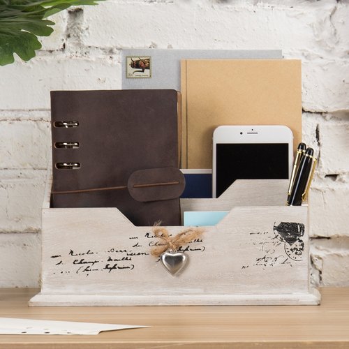 MyGift Whitewashed Wood Office Desktop Letter Mail Sorter, Decorative 2 Compartment Desk Stationery Organizer with Metal Heart Ornament