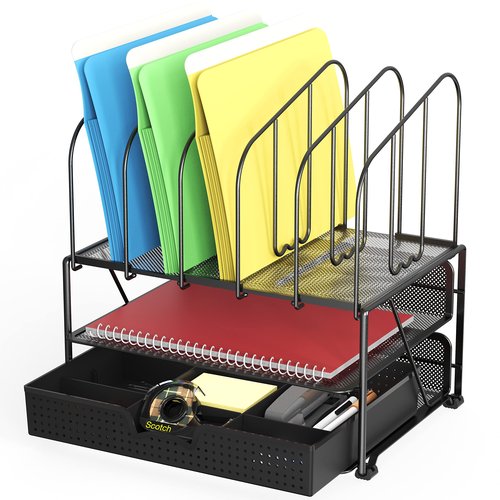 DecoBros Mesh Desk Organizer with Double Tray, 5 Upright Sections and Sliding Drawer, Black