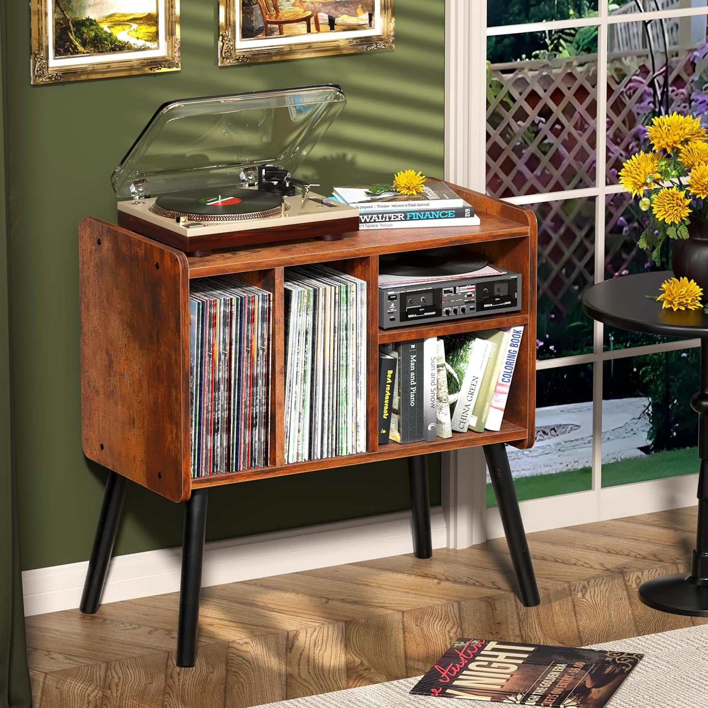 Skiennix Mid-Century Record Player Stand - Vinyl Storage for 150+ Albums | Adjustable Shelves, Brown